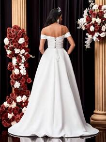 Glamrae Elegant And Gorgeous White Luxurious Satin Off The Shoulder Gathered Short Front And Long Back Design Tail Dress Suitable For Wedding Festival Bridal Dress Formal Occasion Wedding Dress, Bride - White - View 2