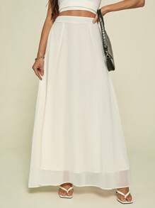 SHEIN Tall 夏季纯色高腰 A 字飘逸半身裙 - 米色 - 查看 3