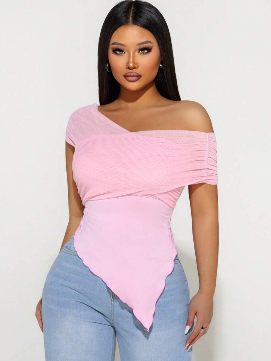 Women Solid Color Contrast Mesh Asymmetrical Ruffle Neck Fitted T-Shirt, Summer - Pink - View 1