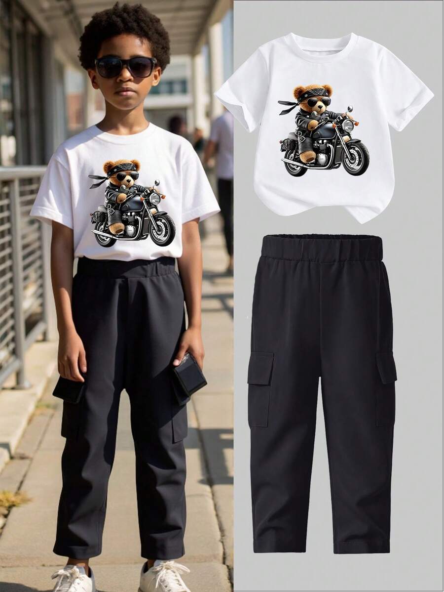 Set de 2 piezas de camiseta de manga corta de cuello redondo con estampado de letras azul y pantalón cargo para niño, estilo casual de verano - Multicolor - Ver 1