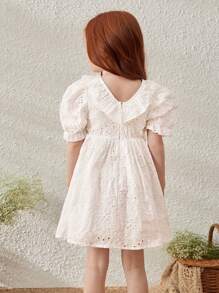 Blossori Young Girls' French Style Elegant Beige Ruffle Collar Embroidered Cotton Dress, Spring/Summer