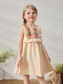 Blossori Young Girls Elegant French Style Apricot Floral Lace Trimmed Ruffle Hem Sleeveless Dress, Spring/Summer - Multicolor - View 5