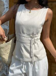 SHEIN EZwear 杏色编织可调节扣设计无袖女式背心 - 杏色 - 查看 5