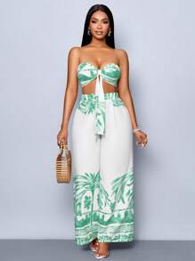 SOLERSUN Summer Women's Clothing, Casual Vacation, White Background Orange Flowers, Sleeveless Tube Top, Front Center Tie, Back Pleated Top, Loose Wide-Leg Pants Suit, Woven Two Pieces Suit