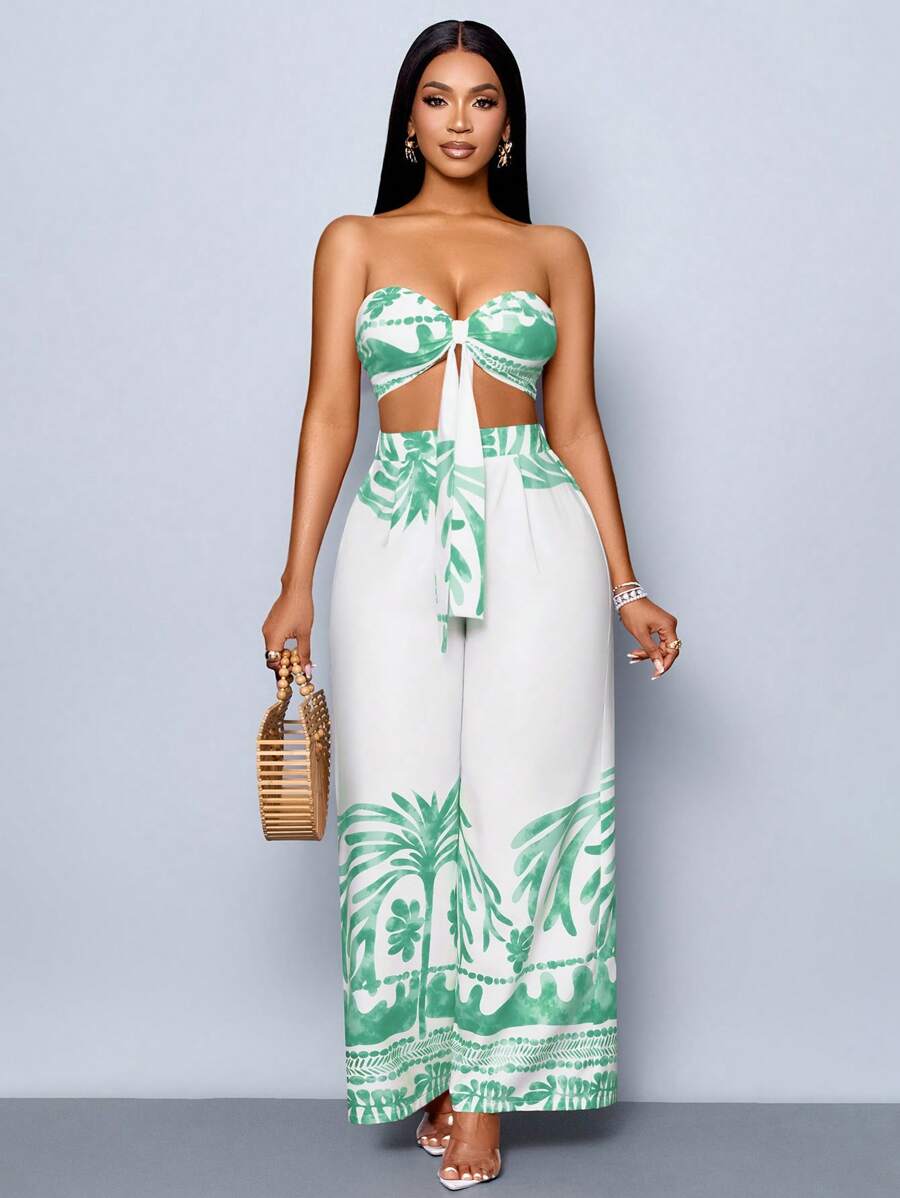 SOLERSUN Summer Women's Clothing, Casual Vacation, White Background Orange Flowers, Sleeveless Tube Top, Front Center Tie, Back Pleated Top, Loose Wide-Leg Pants Suit, Woven Two Pieces Suit