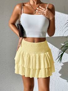 SHEIN PETITE Váy hè 2 lớp nhún bèo cho kỳ nghỉ hè - Màu vàng - Xem 5