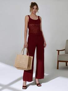 SHEIN Cottnline Beige Two-Piece Knitted Set With Ribbed Pants And Crochet Patterned Top, Lightweight Fabric For A Cozy And Stylish Look - Red - View 6