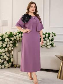 Modelyn Plus Size 2pcs/Set Elegant Rhinestone Collar Floral Print Outfit - Purple - View 3