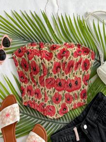 SHEIN WYWH 夏季上衣、度假女士、复活节、紧身胸衣、女士西部服装、音乐会女士、狂欢节、复古宫廷风格花卉印花编织不对称下摆露背短款女士上衣、度假 - 彩色 - 查看 5