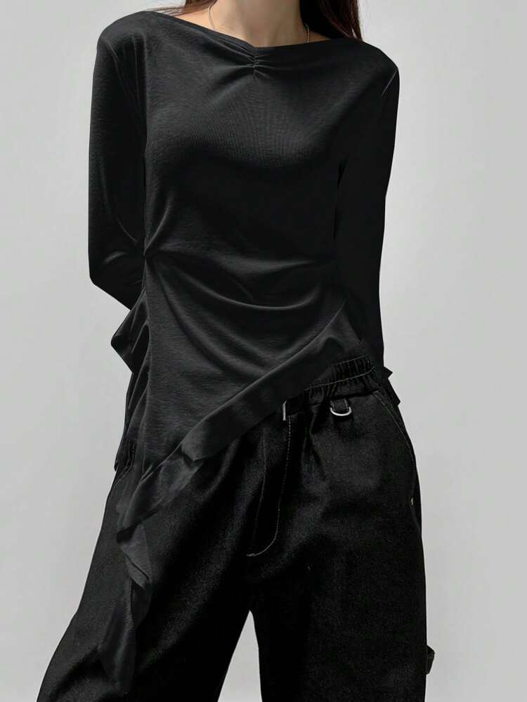 Women Solid Color Boat Neck Asymmetrical Hem Long Sleeve T-Shirt, White, Spring/Autumn,Fall Women Clothes