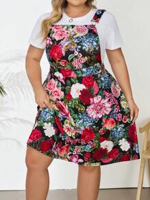 SHEIN CURVE+ Plus Size Retro Floral Suspender Dress (Shoulder Straps Adjustable) With Elegant Floral Pattern, Inner T-Shirt Not Included - Multicolor - View 5
