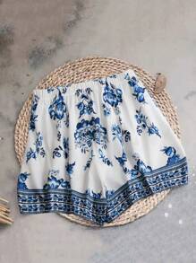 Breezaya Plus Size Women Floral Print Vacation Shorts - Blue and White - View 1