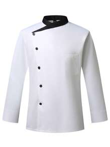 Manfinity Homme Men's Contrast Collar Front Button Chef Shirt Men Dress Shirts Dress Shirts For Men,1pc Unisex Black Chef Jacket, Single Breasted, Short Sleeve, Comfortable, Breathable, Ideal For Kitchen, Baking, Restaurant, Hotel Work - White - View 3
