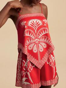 Travachic 2pcs/Set Women Tropical Palm Tree Print Cami & Shorts Set