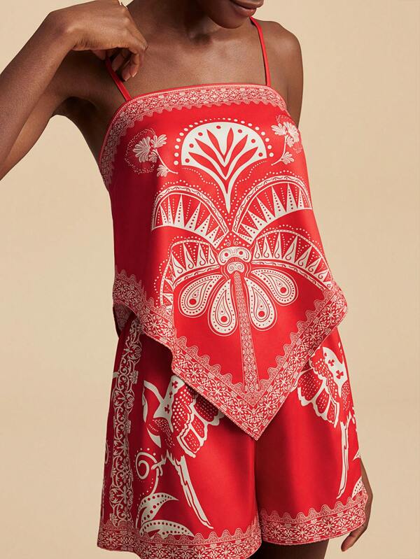 Travachic 2pcs/Set Women Tropical Palm Tree Print Cami & Shorts Set