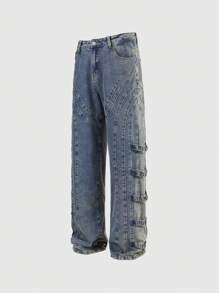 ROMWE MEN Street Life Men's Grunge Solid Color Pocket Casual Straight Loose Fit Jeans - Blue - View 2