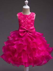 SHEIN Young Girl Bowknot Strap Dress, Rose Flower Princess Wedding Dress, Bridesmaid Dress - Hot Pink - View 3