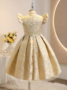 Tween Girls Elegant Luxurious Gold Round Neck Short Sleeve Bowknot Midi Length Mesh Dress, Suitable For Evenings, Parties, Birthday, Performance, Weddings, Flower Tween Girl, Valentine's Day And Other Occasions