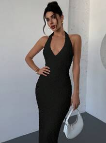 Firerie Nuevo vestido largo elegante y romántico de Día de San Valentín ajustado con cuello en V y costillas, color albaricoque, ajuste para verano - Negro - Ver 6