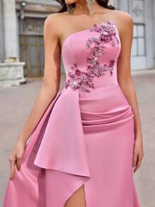 Glamrae 优雅奢华的粉色不对称美人鱼下摆亮片和水晶装饰长裙，适合晚会、派对、约会、舞会、正式场合、礼服、晚会、婚礼宾客 - 粉色 - 查看 6