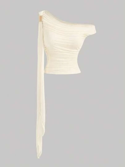 SHEIN MOD Apricot Color Asymmetric Vintage Metal Decor Ruffle Cami Top, Western Style, Renaissance,Rave Top