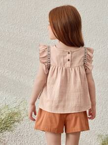 SHEIN Blus Anak Perempuan Gaya Prancis Elegan dengan Hiasan Pita Aprikot, Lengan Berkerut, Leher Bulat, Musim Semi & Musim Panas - Khaki - View 2
