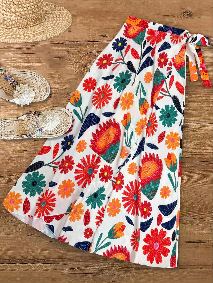 SHEIN Clasi Plus Size Women Floral Print Wrap Tie Waist Casual Skirt - Multicolor - View 1