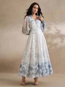 Anewsta 女士 V 领优雅花卉印花长袖连衣裙，春季服装 - 藍色 - 查看 7