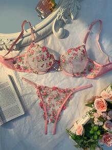 Esselle 2pcs/Set Women's Heart-Shaped Rhinestone Decorative Embroidered Sexy Lingerie Set - Pink - View 5