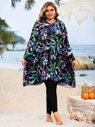 Swim Mulvari 3pcs/Set Plus Size Women Floral Print Modest Loose Long Swimsuit Set, Suitable For Beach Holiday For Summer Beach Vacation