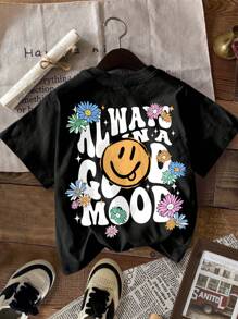 SHEIN 4pcs Young Girls Vintage Smile Face, Letter, Floral, Heart Graphic Comfy Casual Crew Neck Short Sleeve Basic T-Shirt, Suitable For Spring And Summer - Multicolor - View 4