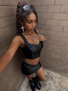 Amplova Women's 2pcs Set:Rivet Decor Spaghetti Strap Vest And Low Waist Belt Tight Fitted Mini Skirt,Black And Silver,Summer,Boyish,Club Rave Festival Boho - Black - View 6
