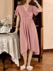 Côtesoire 女式 V 领撞色蕾丝优雅短袖睡裙娃娃装，夏季假日季节 - 藕粉色 - 查看 3