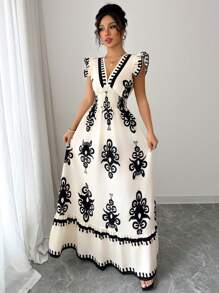 Elenzga Women's V-Neck Allover Print Ruffle Hem Casual Dress - Apricot - View 5