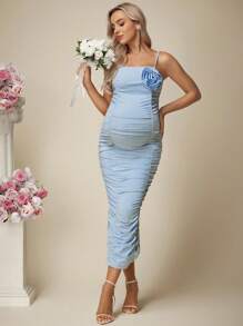 SHEIN Elegant Maternity Solid Color 3D Flower Decorated Ruched Fitted Strap Dress - Blue - View 8
