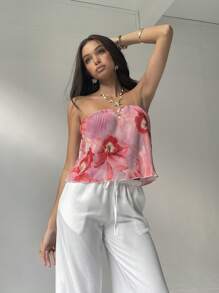 Aloruh Women Elegant Floral Print Bandeau Top, Summer