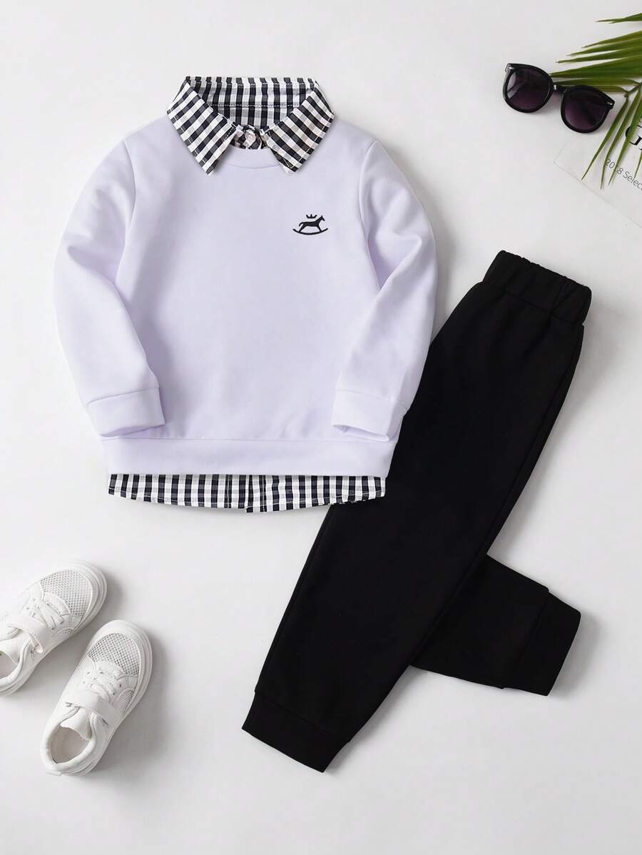 SHEIN 2 件套年轻男孩可爱休闲黄色刺绣运动衫和黑色裤子舒适服装,春季 - 白色 - 查看 1