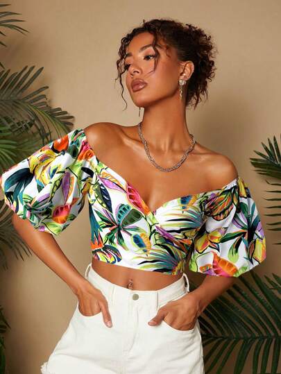 Travachic Camisa corta para mujer de talla grande con hombros abiertos y mangas farol, estampado tropical de oasis, elegante para graduación, atuendos casuales, elegante para graduación, baile de graduación