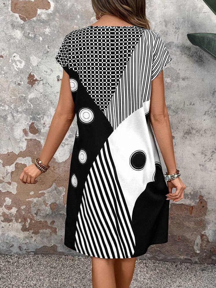 Women's Casual Striped Print Round Neck Short Sleeve Dress, Summer,Polka Dot Dress