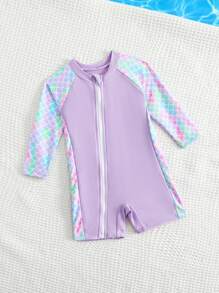 Newborn/Toddler Girls' Purple Mermaid Scale Print One-Piece Swimsuit With Long Sleeve & Zipper - Multicolor - View 7