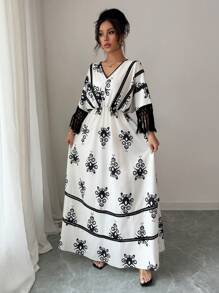 Chiquease Women's Printed Contrast Color Lace Hem Maxi Dress, Casual & Stylish, Suitable For Daily Wear, Boho Style, Vacation, Fringe, Music Festival