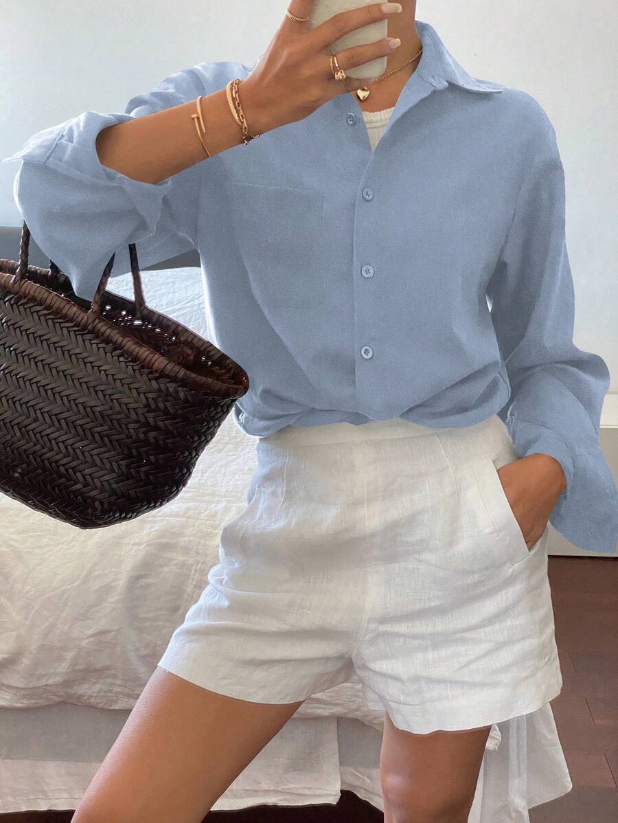 Livesso Solid Color Casual Versatile Long Sleeve Collared Pocket Blouse For Women, Spring/Summer Linen,Fall Clothes - Blue - View 1