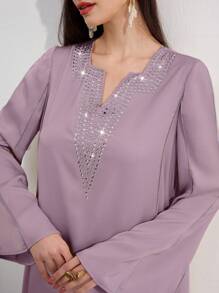 Al Najma Women's Elegant Rhinestone Embellished Bell Sleeve Arabic Style Dress, Modest