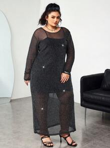 SHEIN CURVE+ Vestido de Body ceñido de talla grande con tirantes finos y malla negra de largo medio para mujeres