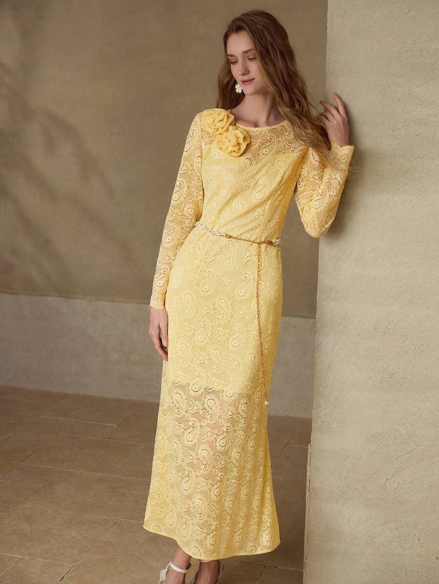 MOTF PREMIUM LACE STEREO FLORAL DRESS - Yellow - View 1