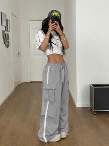 Coolane 女士夏季街头运动基本款翻盖口袋侧抽绳腰部降落伞灰色工装裤 - 灰色 - 查看 3