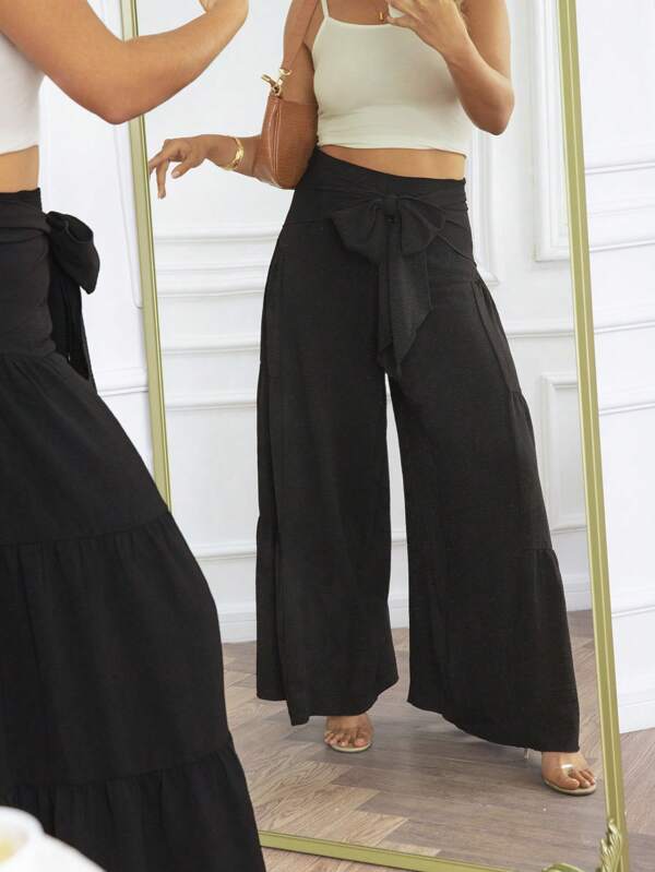 KURAYIA Pantalones anchos con cintura plisada y lazo delantero de mujer, estilo suelto para primavera y verano, ideal para vacaciones