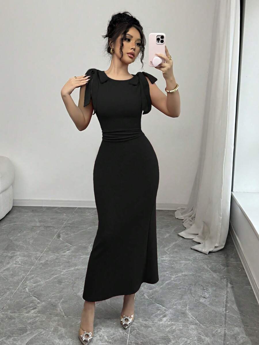 Rafferiza Elegant Bowknot Shoulder Straps Bodycon Ruched Fishtail A-Line Long Dress For Women, Red - Black - View 1
