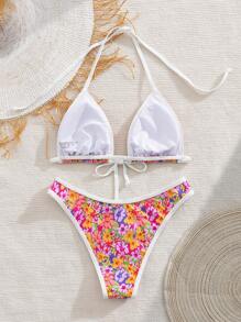 Swim Vcay Ladies' Spring/Summer Beach Sexy Flower Print Random Neck Hanging High Cut Pants Bikini Set - Multicolor - View 6