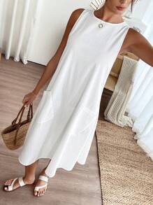 EMERY ROSE 女士休闲纯色无袖连衣裙，带双口袋，适合度假穿着